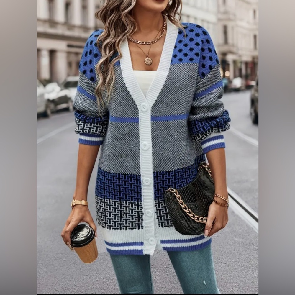 Color Block Geo Print Knit Cardigan Long Sleeve Button Front. Size: Various - Picture 5 of 7